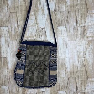 Vintage Catori Boho Embroidered Crossbody Bag Blue Tan Beaded Charm